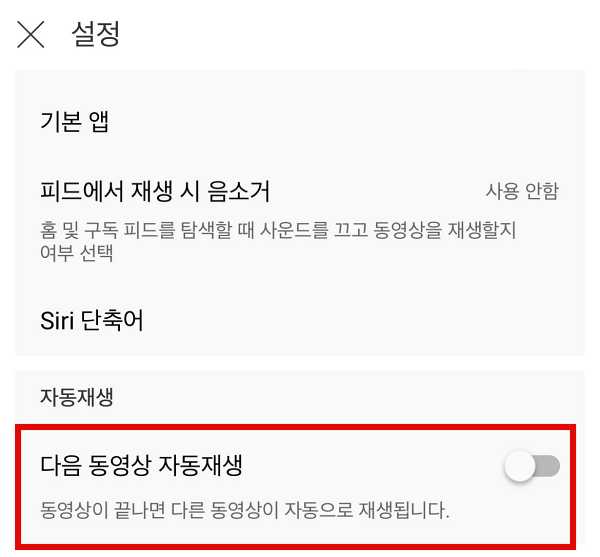 다음 동영상 자동재생을 끄