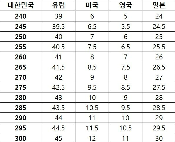 국가별 남성 신발 수치 상세