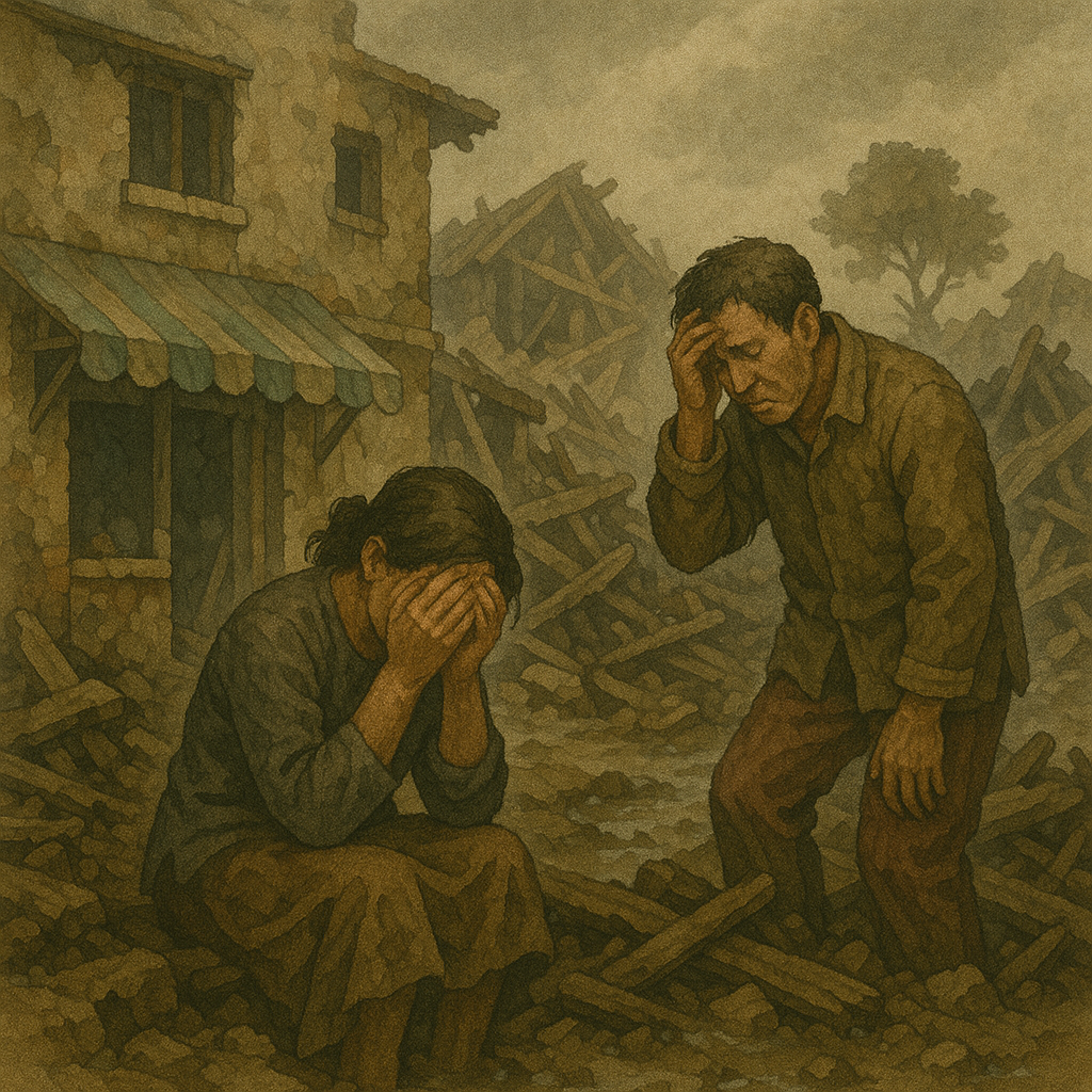 집중호우로 피해입은 재난지역 슬퍼하는 소상공인들