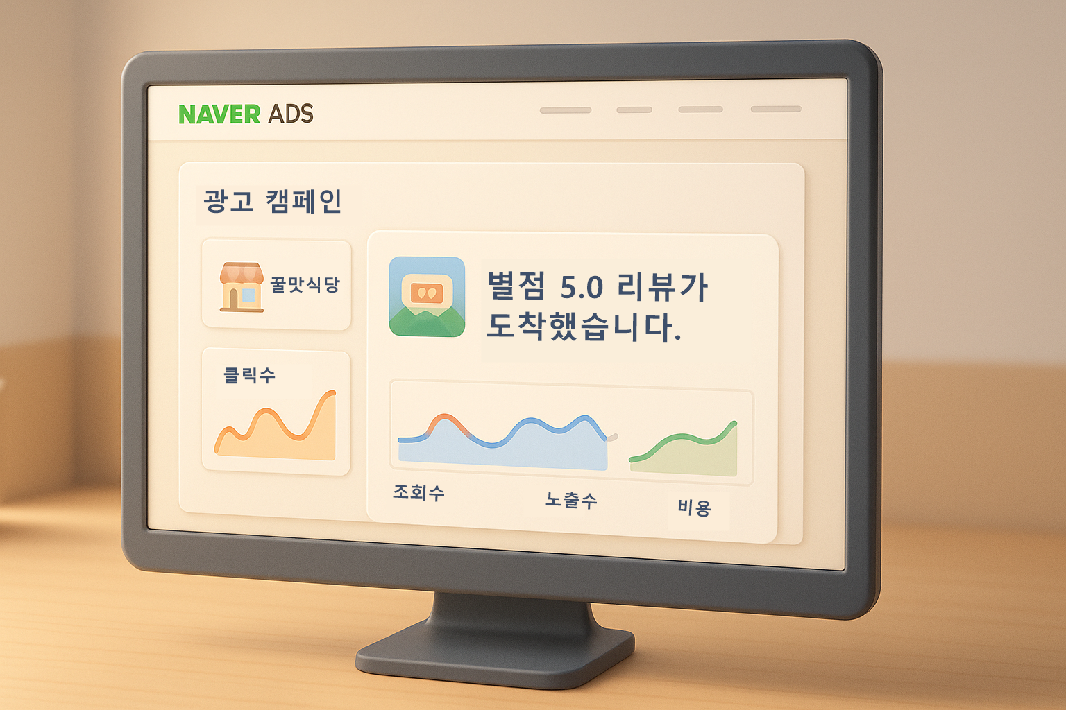 컴퓨터 화면에 보이는 네이버 광고 시스템 대시보드. 식당 광고 캠페인이 설정되어 있다.