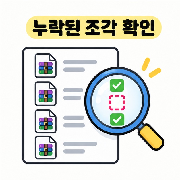누락된 조각을 확인하라는 문구와 파일 목록을 점검하는 일러스트
