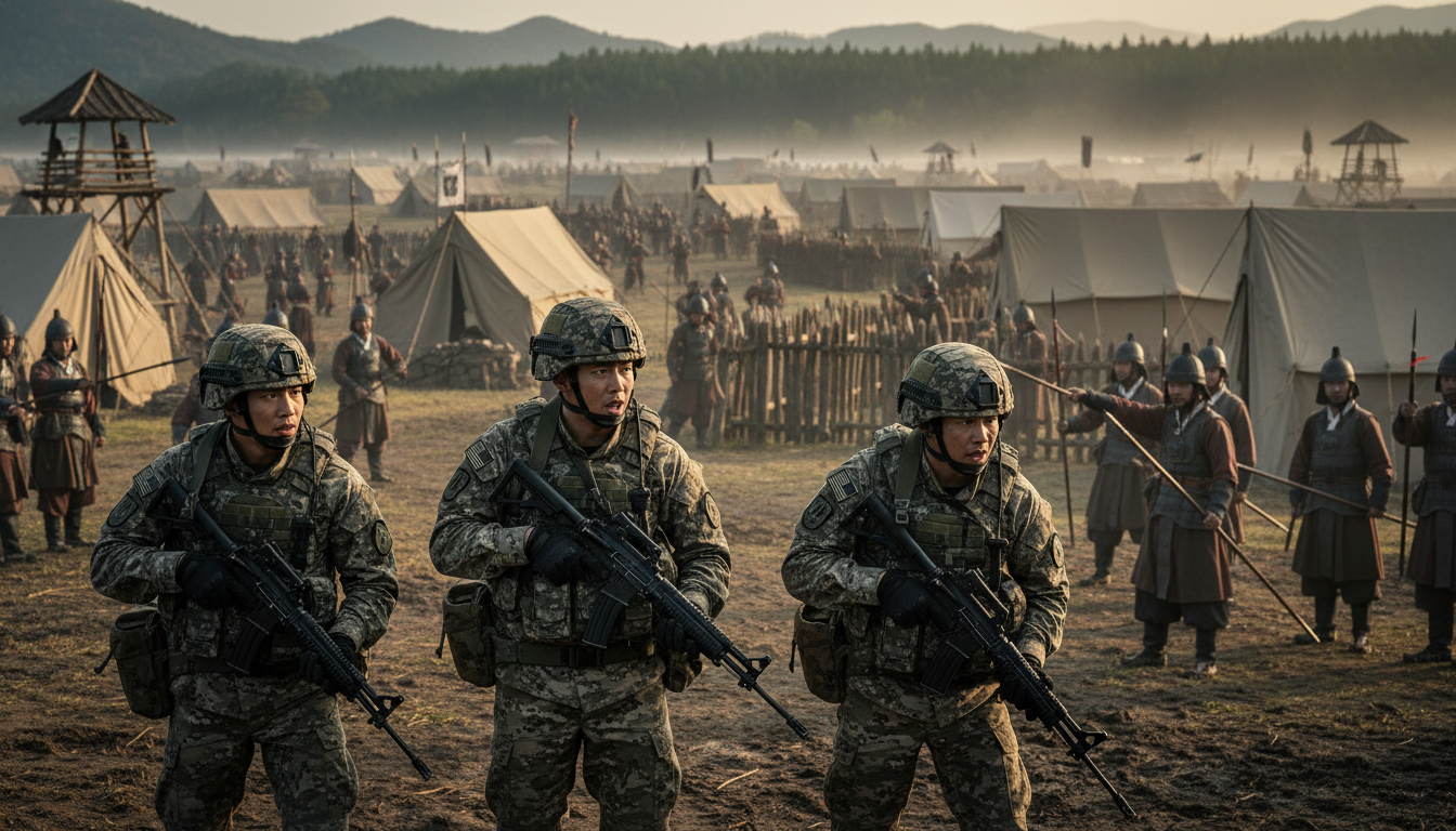 현대식 군인들이 조선의 군사들과 함께 조선수호 장면
