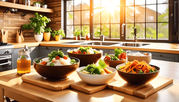 주방에 있는 식탁에 푸짐한 음식들이 가득하다. 큰 그릇에 흰밥과 야채가 있다.