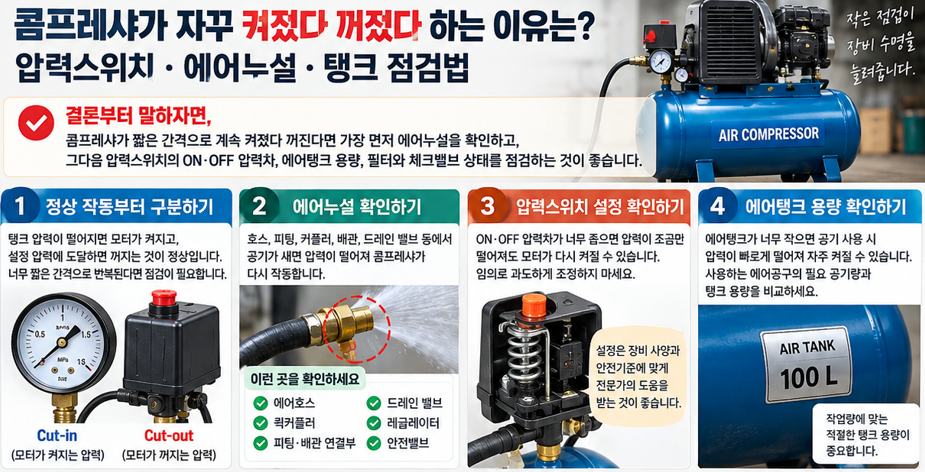 콤프레샤가 자꾸 켜졌다 꺼졌다 하는 이유는?