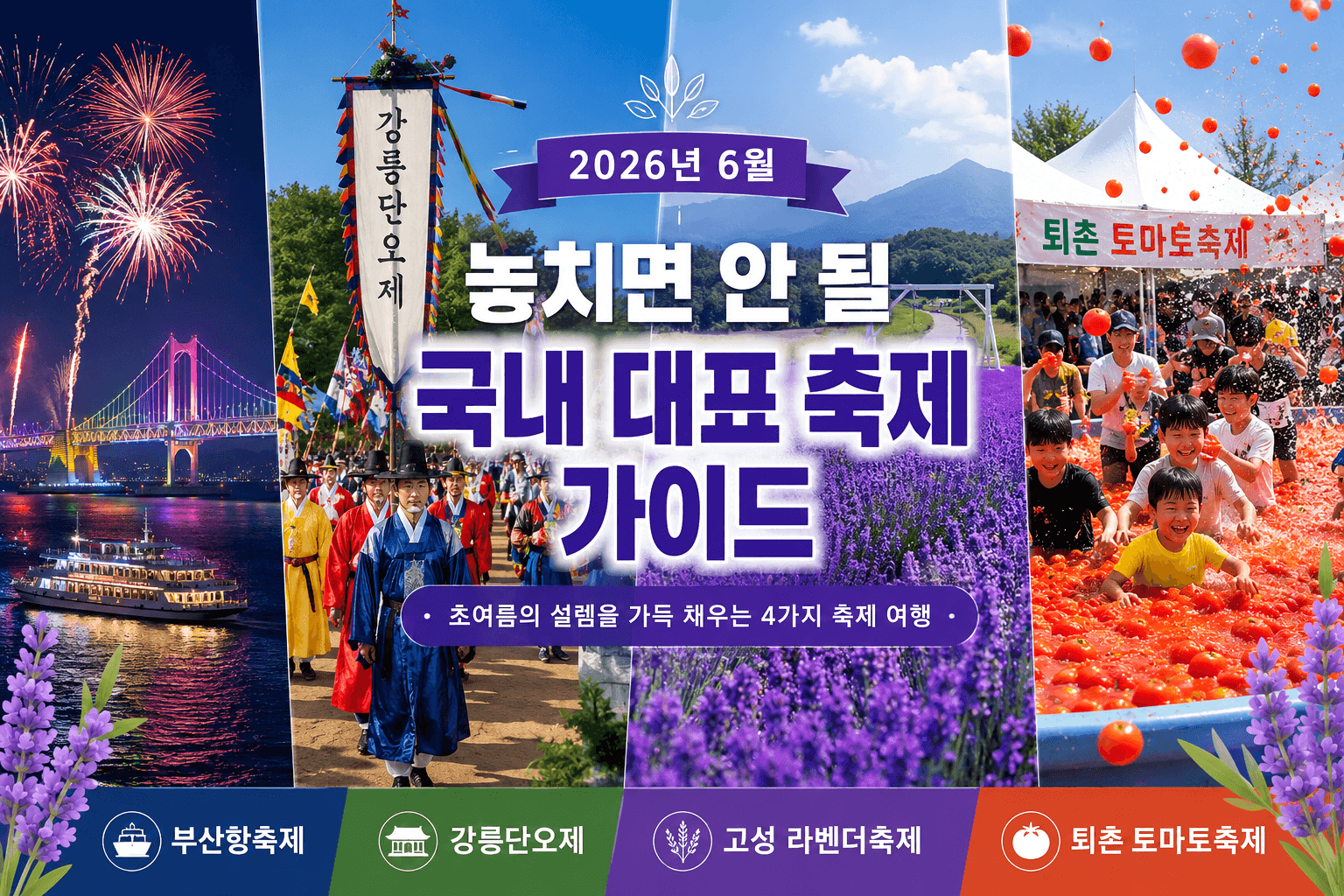 2026년 6월 국내 대표 축제 가이드 포스터, 부산항축제·강릉단오제·고성 라벤더축제·퇴촌 토마토축제 소개