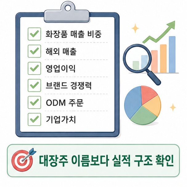 화장품 매출 비중, 해외 매출, 영업이익, 브랜드 경쟁력, ODM 주문과 기업가치를 종목 확인 기준으로 정리한 그림