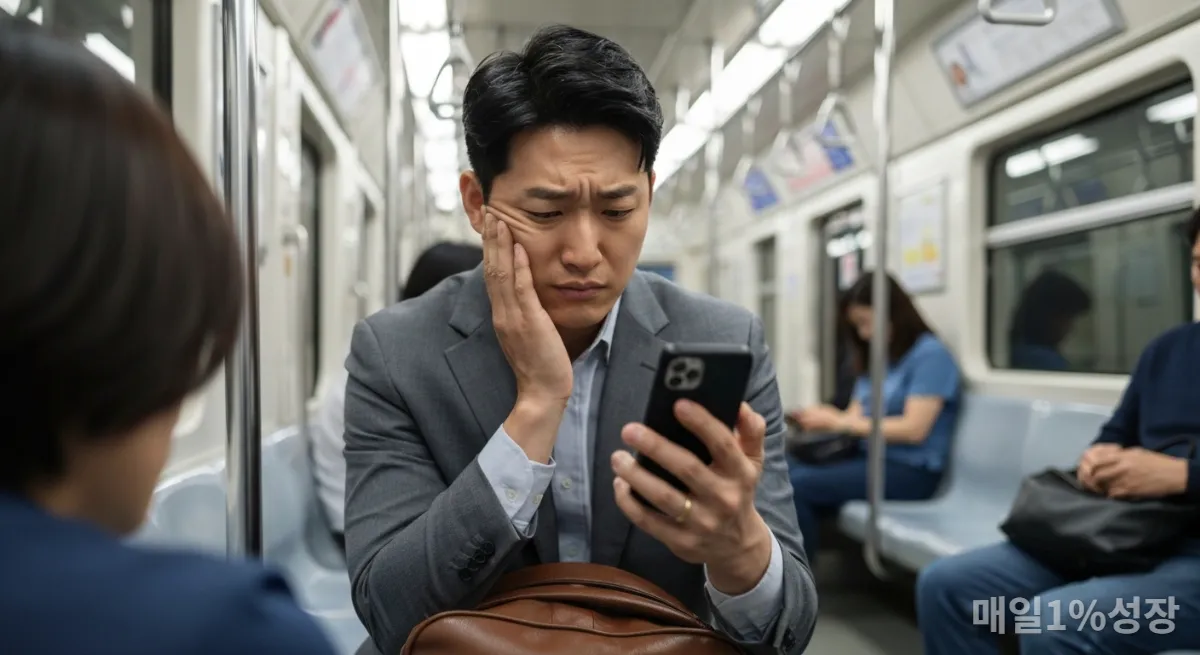 퇴근길 지하철에서 업무 메시지를 확인하며 스트레스받는 한국인 남성 직장인