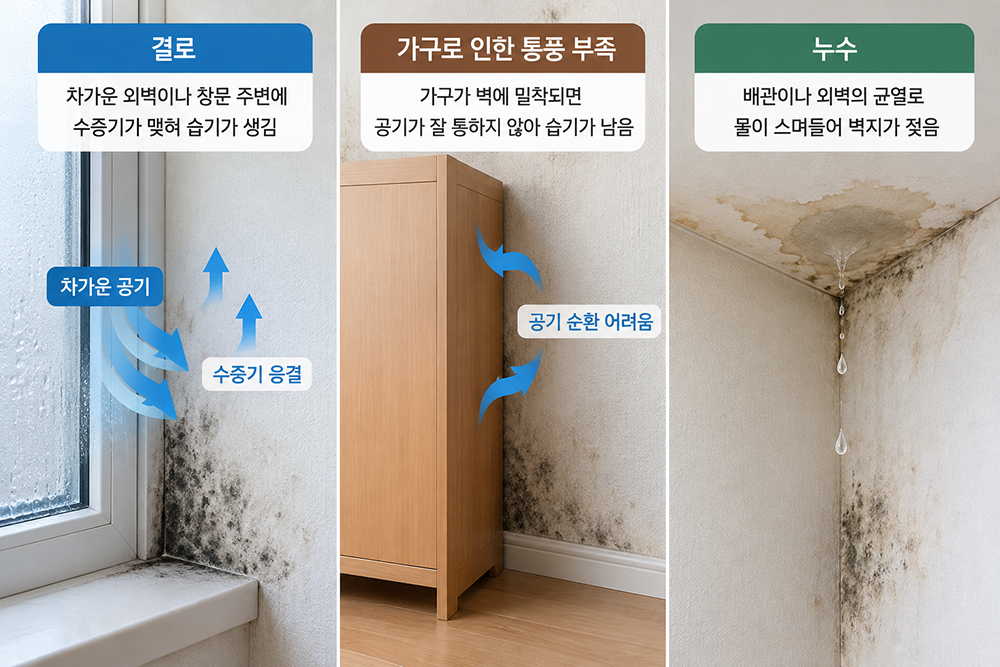 벽지 곰팡이가 생기는 주요 원인인 창문 결로, 가구 뒤 통풍 부족, 천장 누수로 인한 습기와 곰팡이 발생 모습을 비교한 이미지