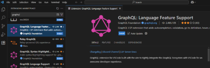 VSCode GraphQL 확장 플러그인 설치 예시