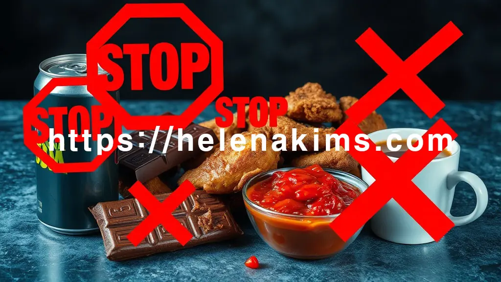 감기 환자에게 좋지 않은 음식들이 테이블에 한데 모여 있다. 탄산음료 캔, 초콜릿 바, 기름기가 도는 튀긴 치킨 조각, 빨간 양념이 된 매운 음식 그릇, 그리고 커피잔이 보인다. 각 음식 위에는 선명하고 큼직한 빨간색 금지(STOP) 아이콘 또는 커다란 X 표시가 명확하게 오버랩되어 강력한 경고를 보낸다