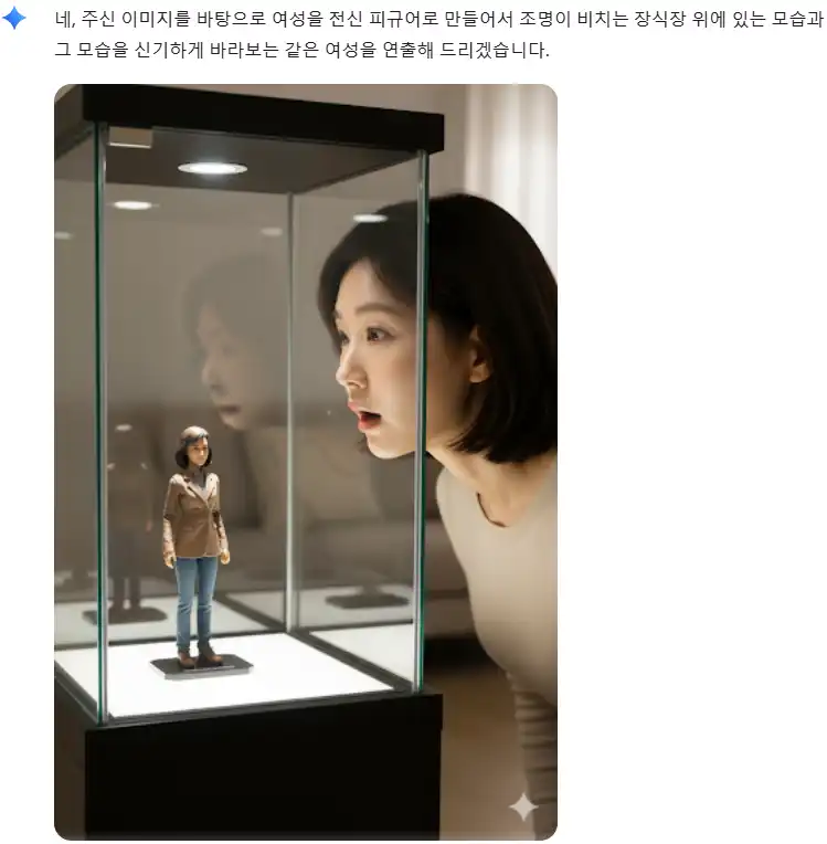 가상 모델이 자신을 축소한 듯한 피규어를 신비로운 눈빛으로 응시하는 모습