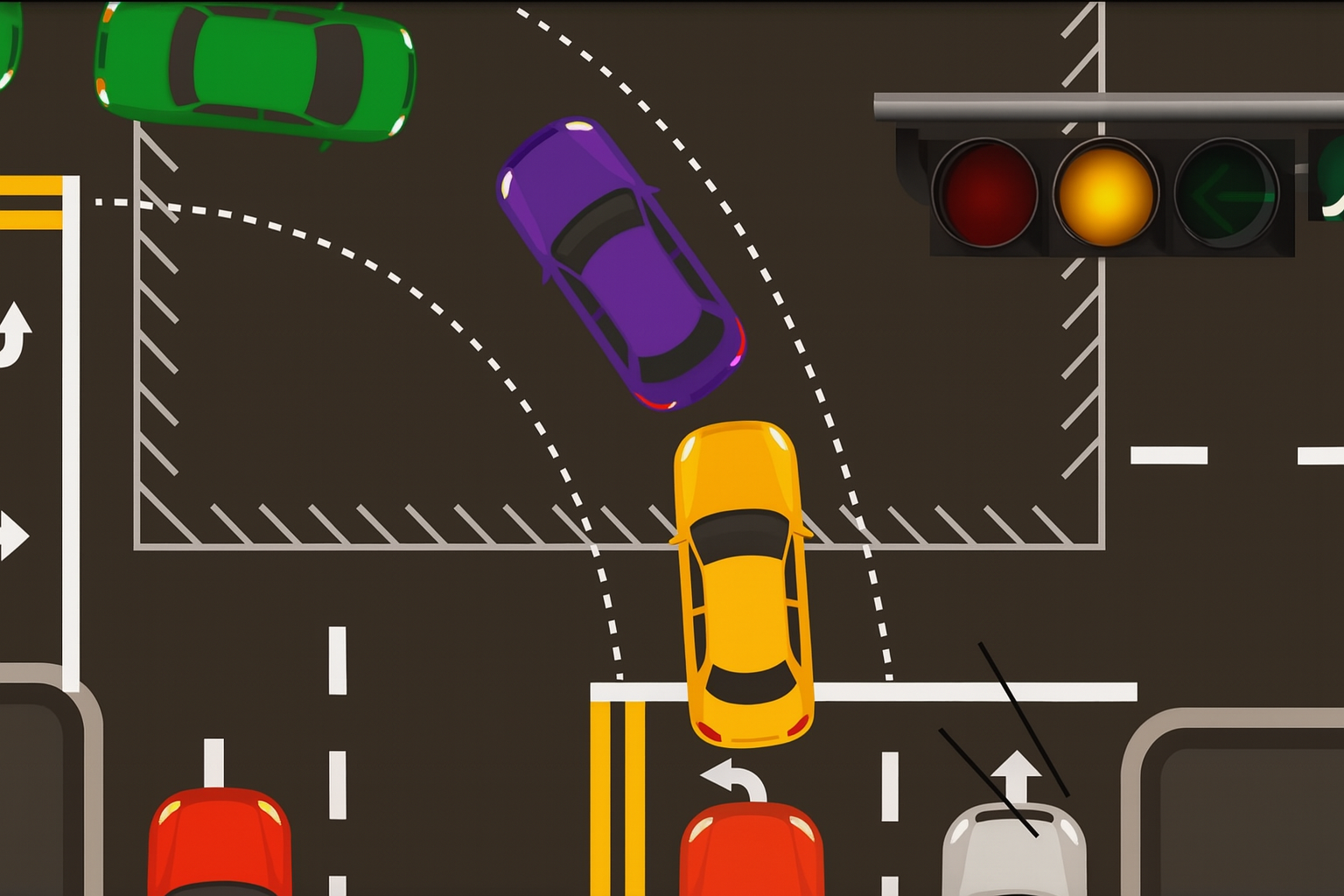 교차로에서 노란색 차량이 신호가 끝났음에도 정지하지 않고 교차로 한가운데 멈춰 있어 뒤 차량들의 진행을 막는 꼬리물기 상황