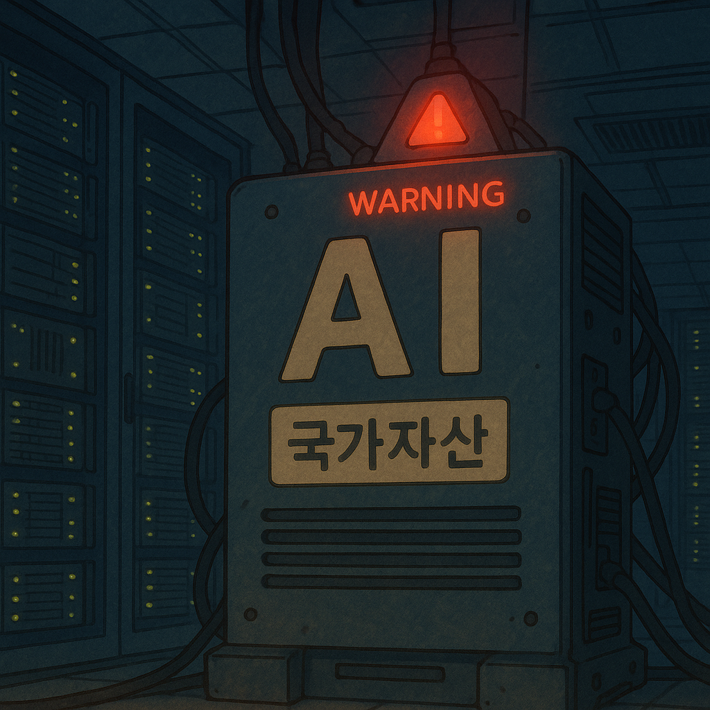 &ldquo;국가자산으로 표시된 AI 시스템이 해킹 경고등을 켜고 있는 모습 &ndash; 불안정한 기술 투자 구조&rdquo;