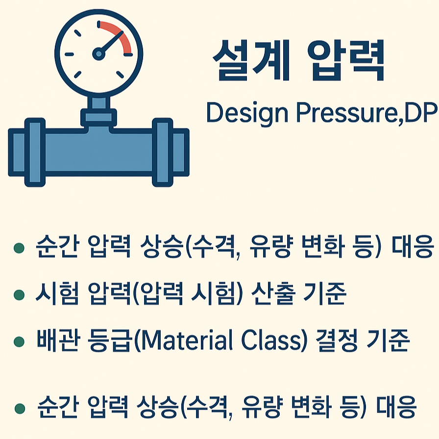 Infographic explaining Design Pressure (DP) in piping systems, including key points such as surge pressure handling, test pressure calculation, and material class decision.