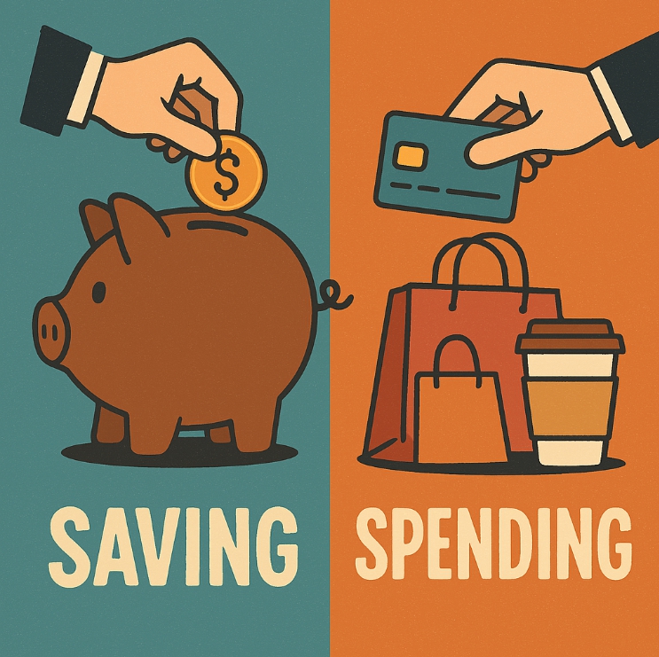 저금통에 동전을 넣는 그림과 신용카드로 물건을 산 그림입니다