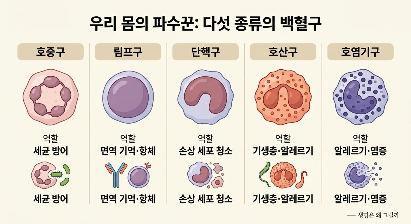백혈구는 하나의 세포가 아니라 여러 종류로 이루어져 있습니다.