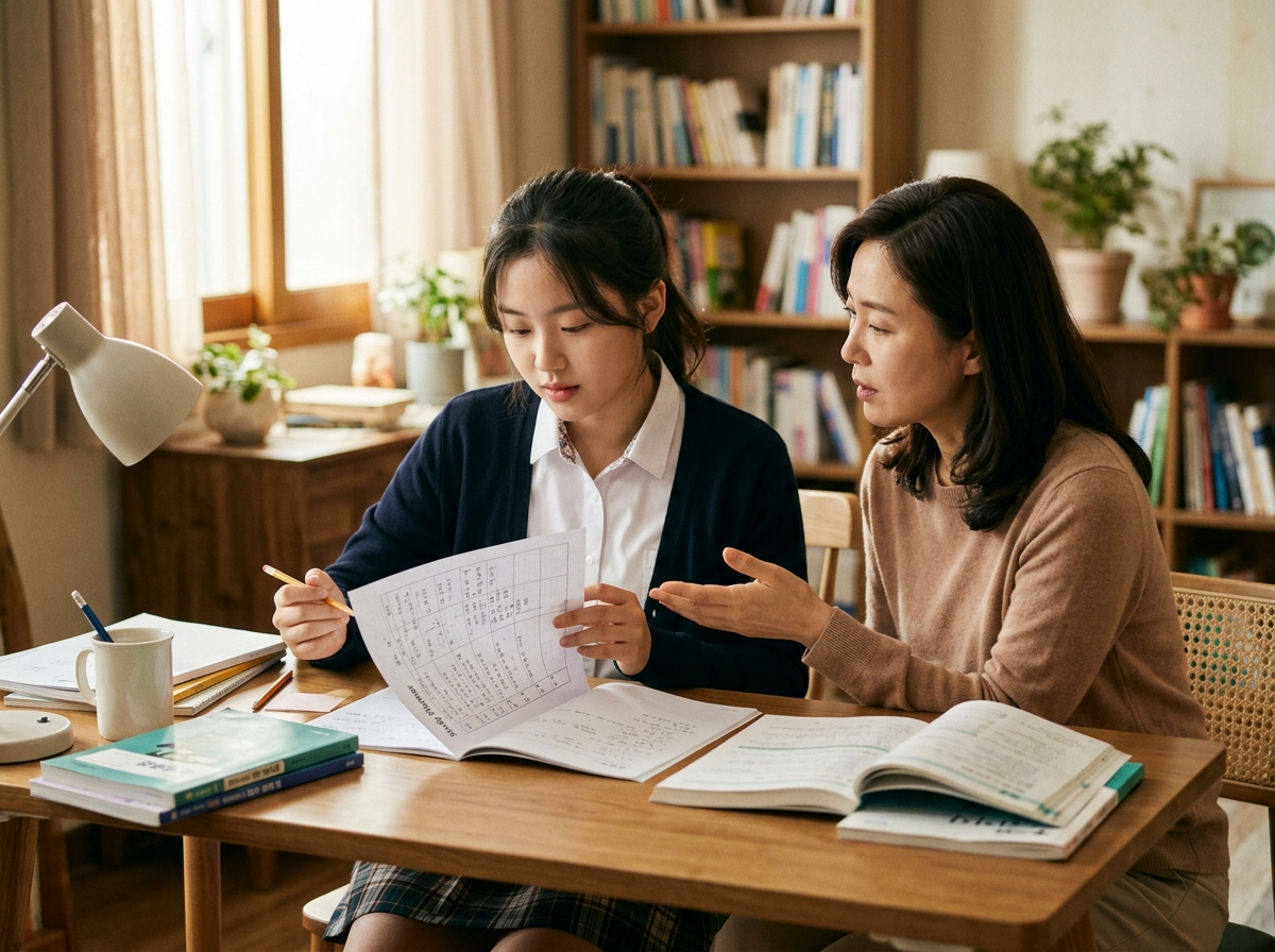 학부모와 함께 다음 과학 학습 전략을 계획하는 한국 학생