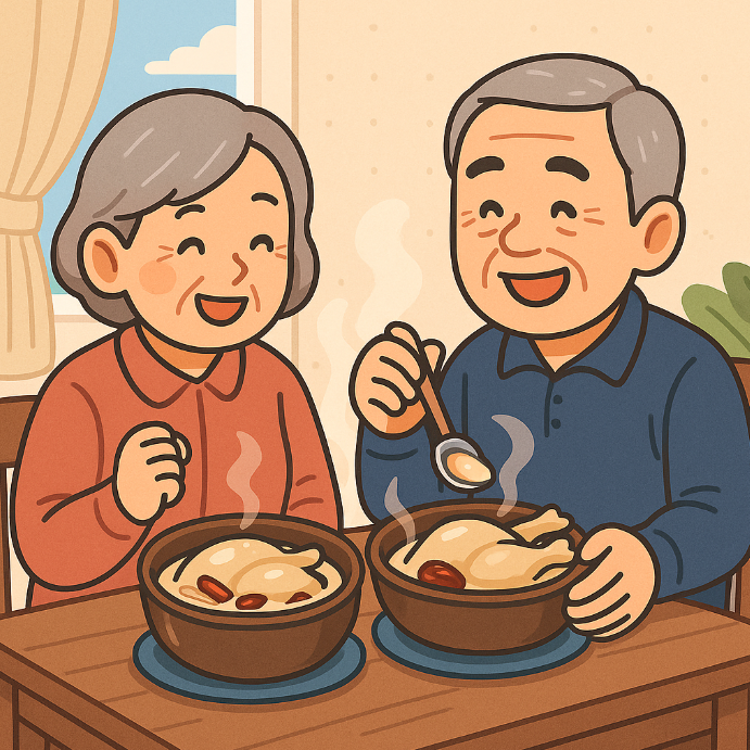 복날 삼계탕을 즐기는 중년 부부