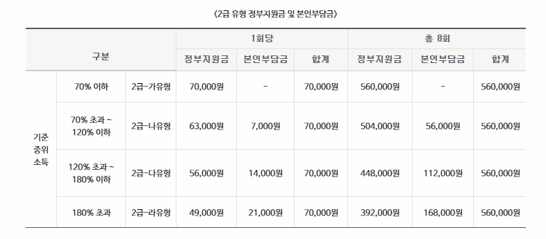 2급 유형 지원 내용 표 이미지