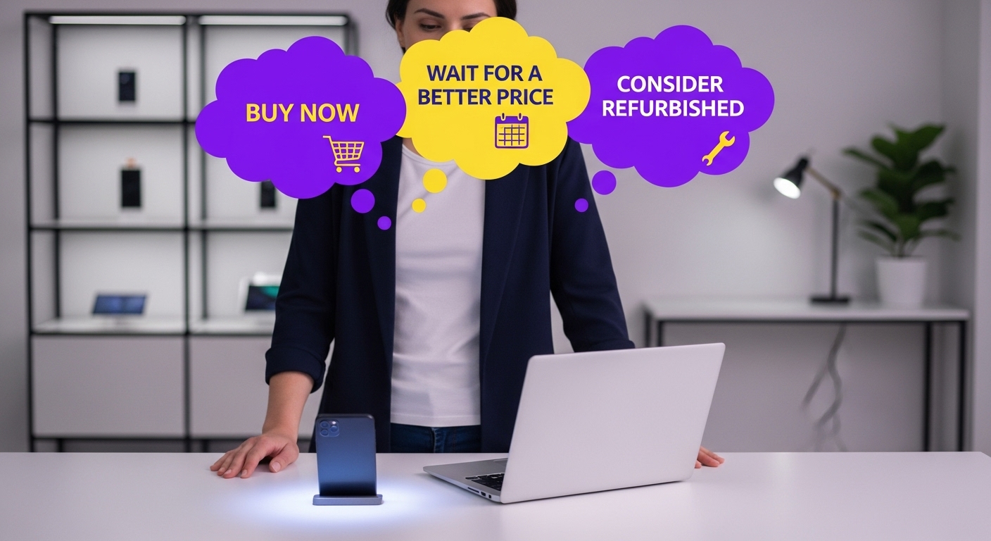 스마트폰과 노트북 구매를 고민하는 사람의 모습, 현명한 소비 결정을 위해 구매 시기와 대안을 고려하는 상황을 표현.