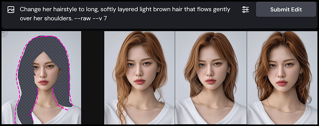 Midjourney Edit 기능에서 브러쉬&middot;스마트 마스킹을 활용해 인물 헤어 스타일을 변경한 예시 이미지 2_Midjourney