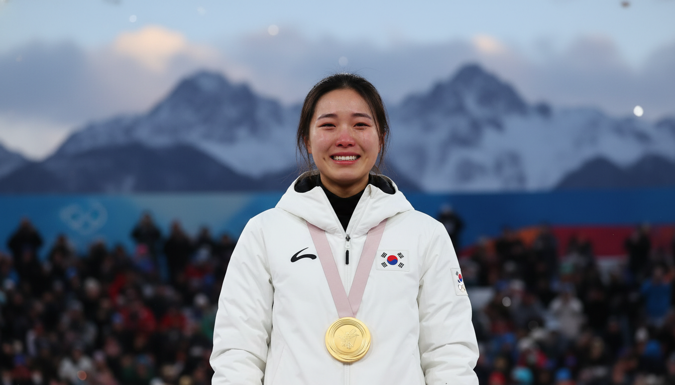 2026 밀라노 동계올림픽 시상대에서 금메달을 목에 걸고 감격의 눈물을 흘리는 최가온 선수의 모습