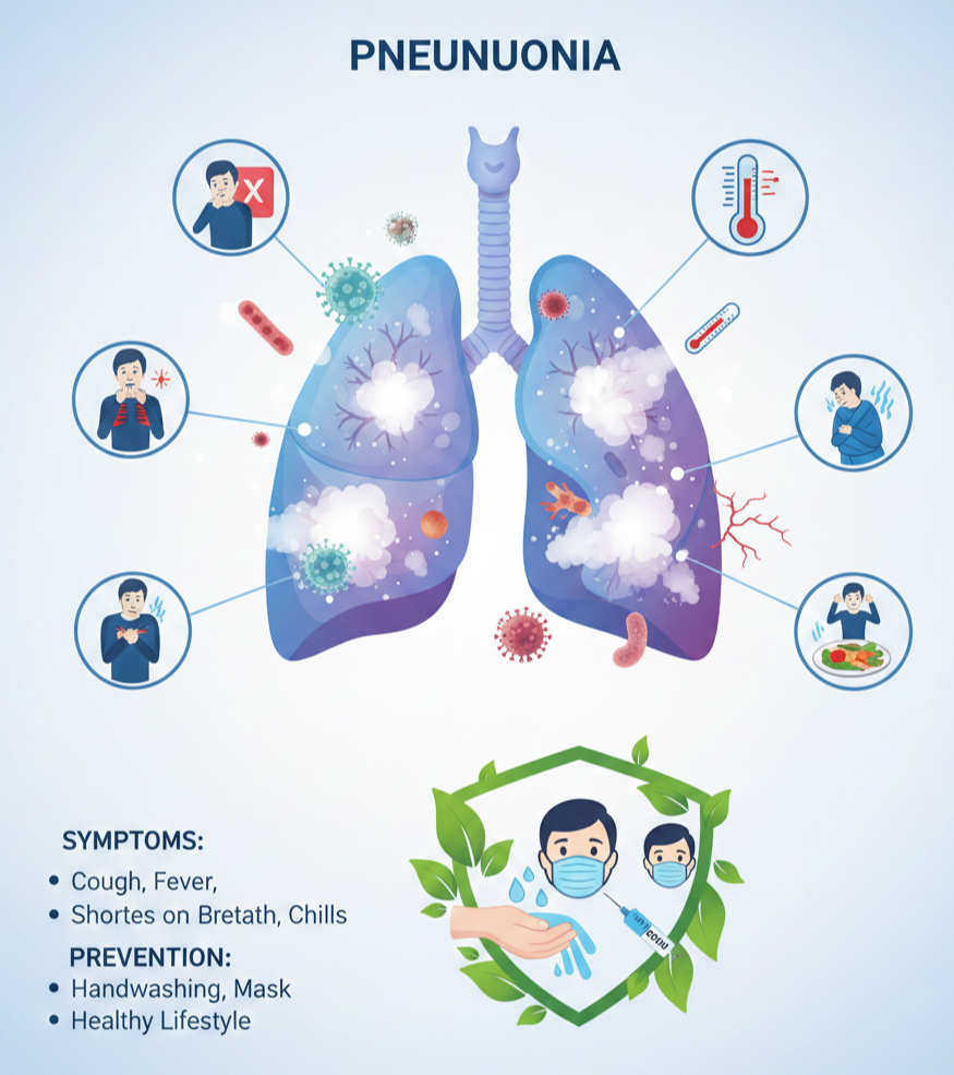 폐렴의 주요 원인(세균 및 바이러스), 대표적인 증상(기침, 발열, 호흡 곤란, 오한, 가슴 통증, 건강한 식습관), 그리고 효과적인 예방 방법(손 씻기, 마스크 착용, 건강한 생활)을 시각적으로 설명하는 의료 인포그래픽입니다.