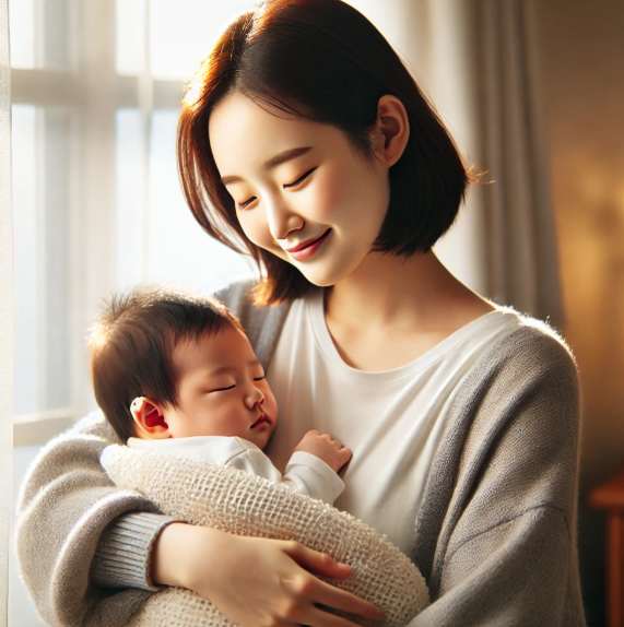 아기를 안고있는 한국인 엄마의 모습