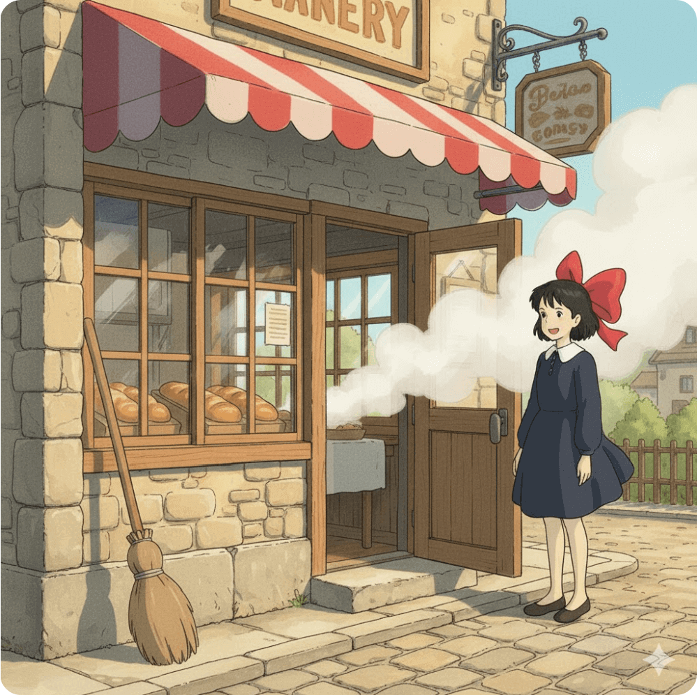 alt="따뜻한 햇살 아래 빵집 앞에서 밝게 미소 짓는 소녀 키키의 모습. 고소한 빵 냄새와 도시의 환대를 표현한 일러스트."