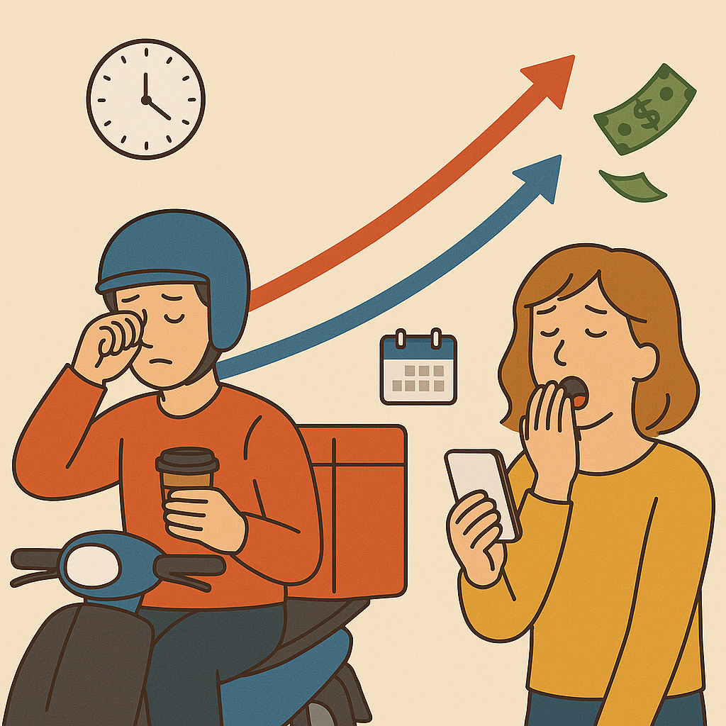 수면이 부족한 사람과 배달하는 사람을 나타내는 인포그래픽 이미지