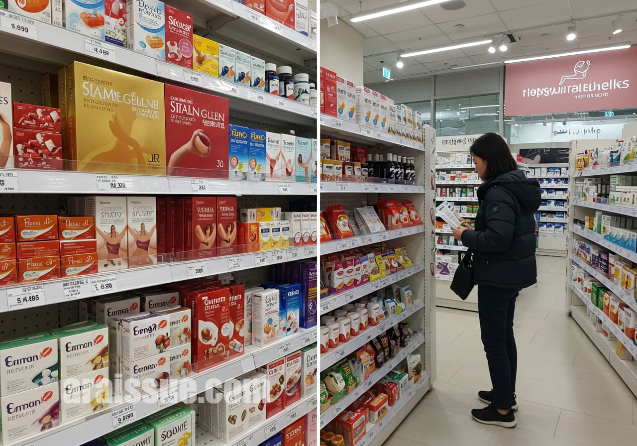 약국에서 다이어트 약을 고르는 소비자, 약품이 진열된 선반에서 제품을 확인하는 장면.