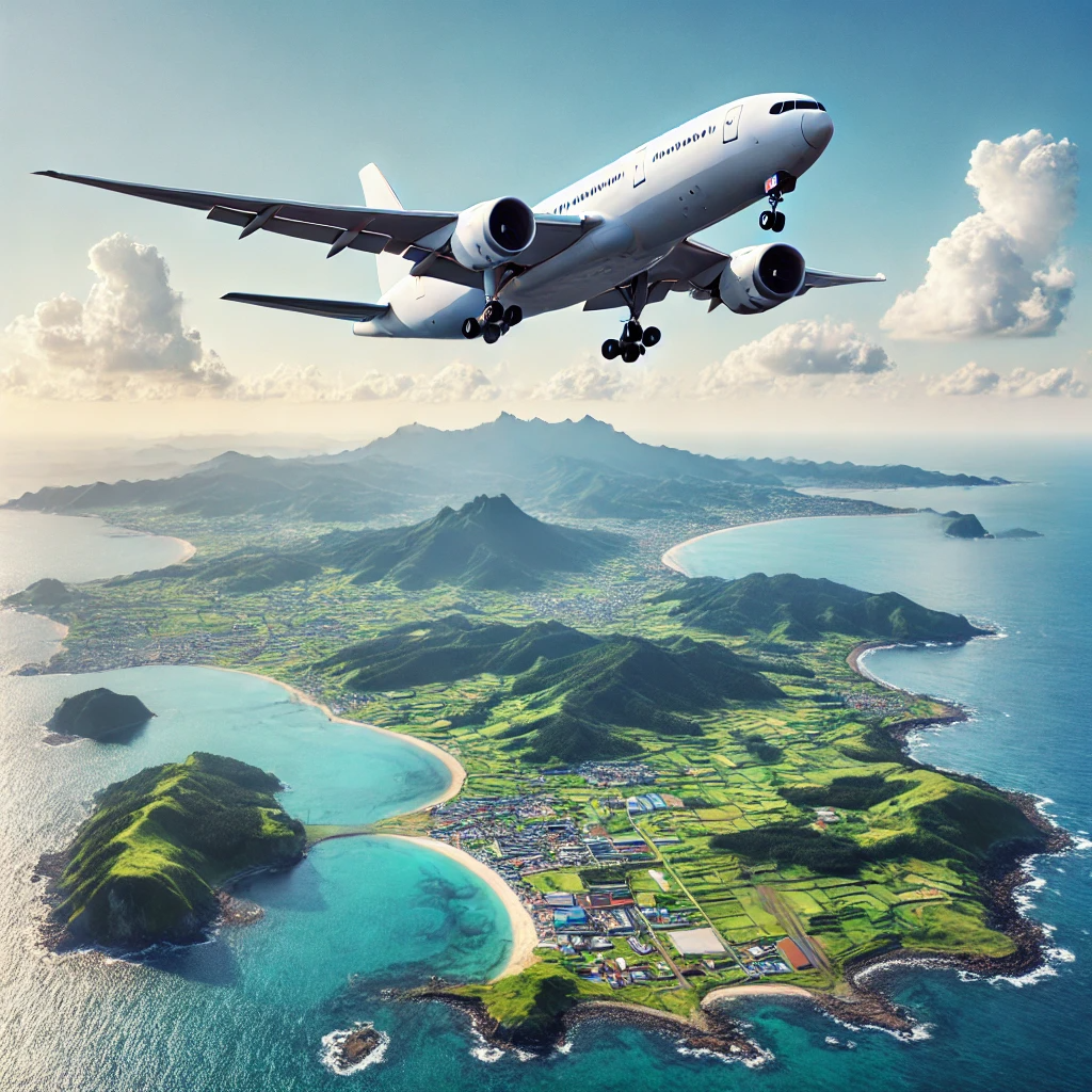 제주도 모습과 하늘에 날아가고 있는 비행기