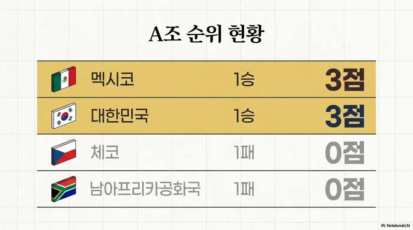 A조 순위 현황표. 멕시코와 대한민국이 1승 승점 3점, 체코와 남아프리카공화국이 1패 승점 0점