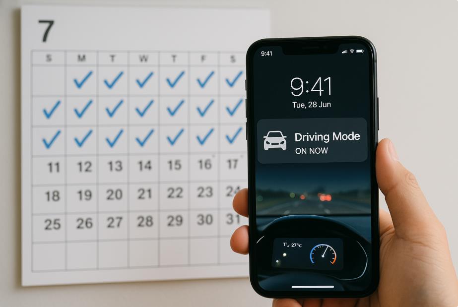 달력 체크와 스마트폰에 운전 모드 알림 표시