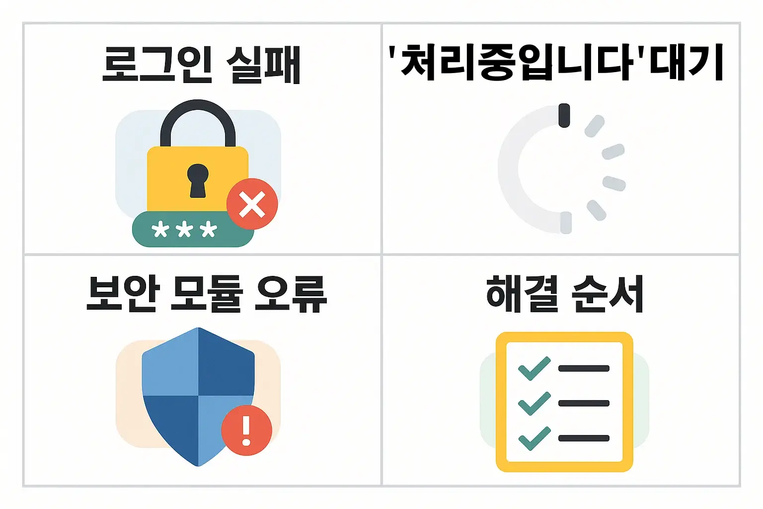 기업은행 인터넷뱅킹에서 자주 발생하는 로그인 실패, ‘처리중입니다’ 대기, 보안 모듈 오류 등의 해결 순서를 정리한 인포그래픽. 로그인 장애 시 빠르게 대처할 수 있는 실전 해결 가이드.