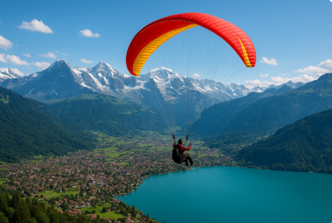 스위스 인터라켄에서 패러글라이딩하는 관련 사진