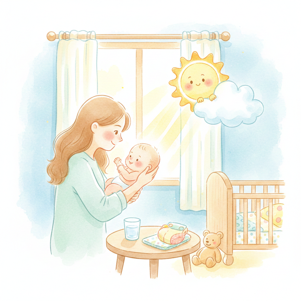 햇살이 비치는 밝은 방 안에서 엄마가 아기를 사랑스럽게 안고 신생아 황달 상태를 세심하게 확인하며 돌보는 따뜻한 수채화풍 삽화