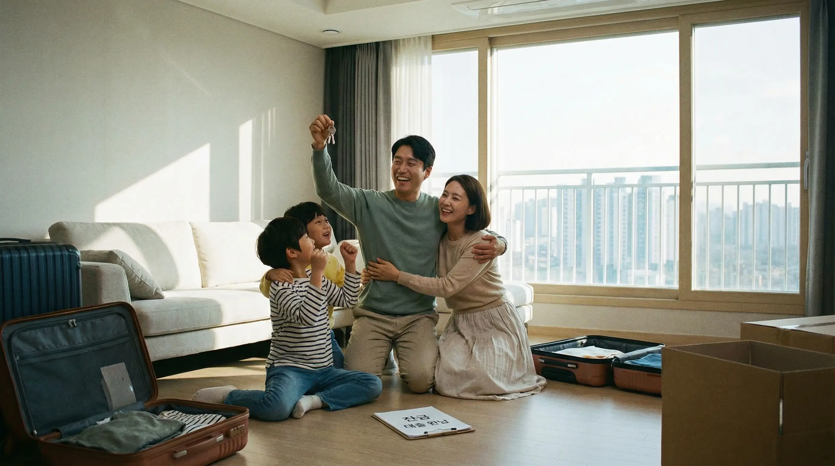 잔금 대출 문제를 해결하고 새 아파트에 입주하여 열쇠를 쥐고 기뻐하는 가족의 모습