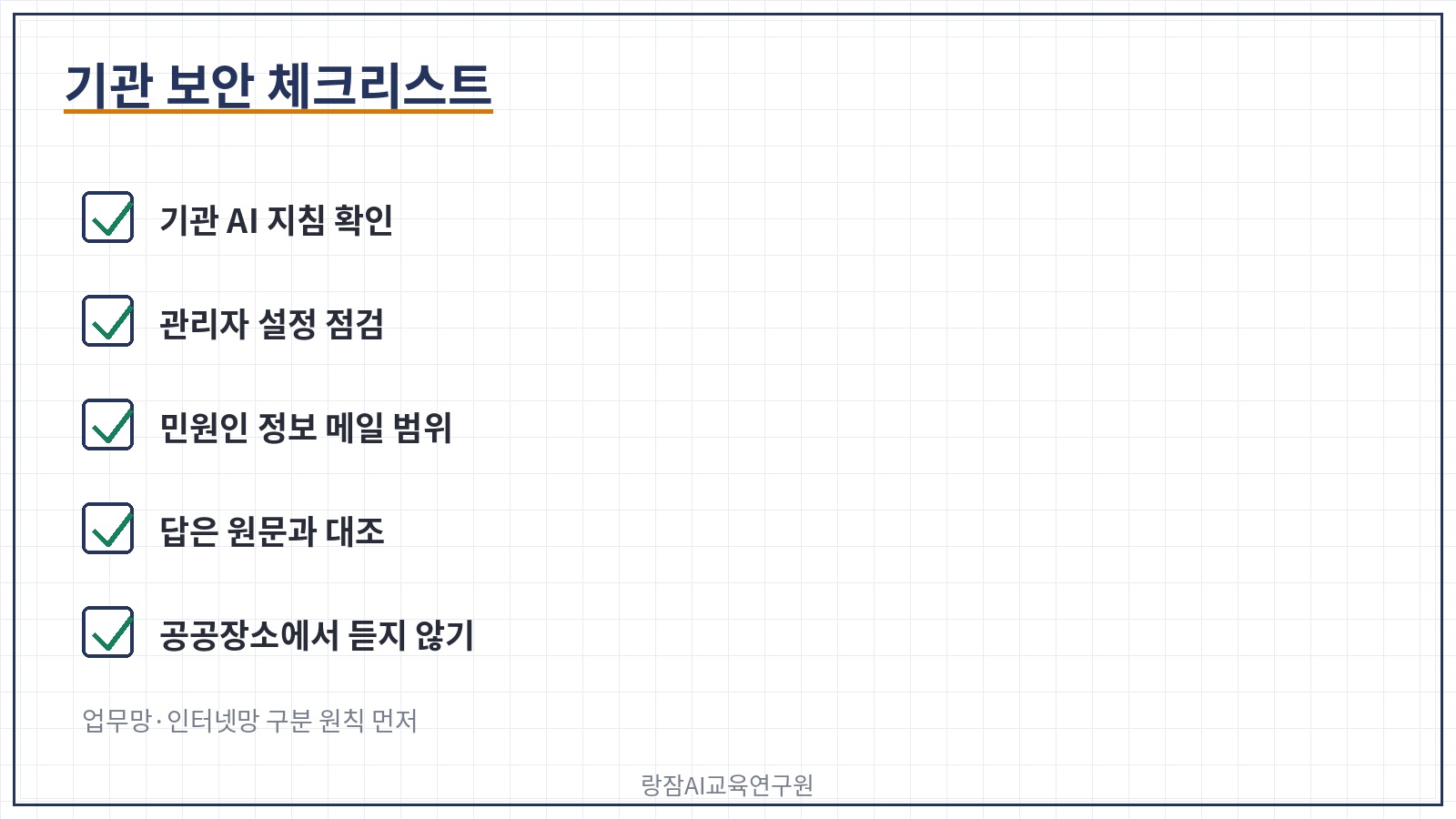 기관 보안 체크리스트 &mdash; 지침 확인, 관리자 설정, 개인정보 메일, 원문 확인, 공공장소
