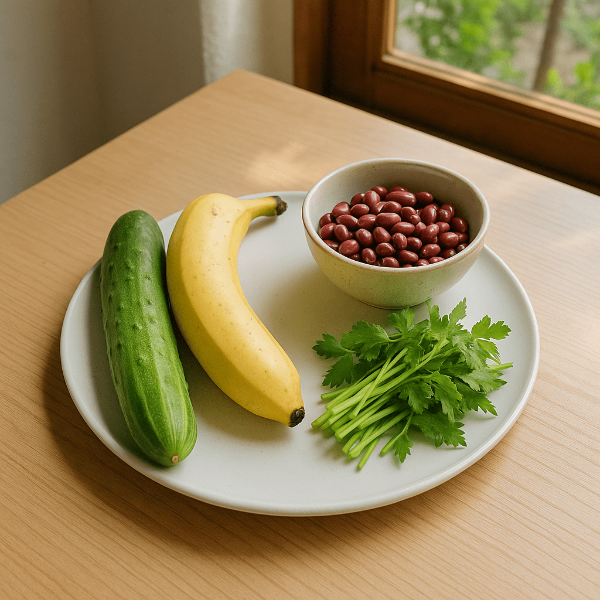 오이와 바나나, 팥, 미나리 등의 재료