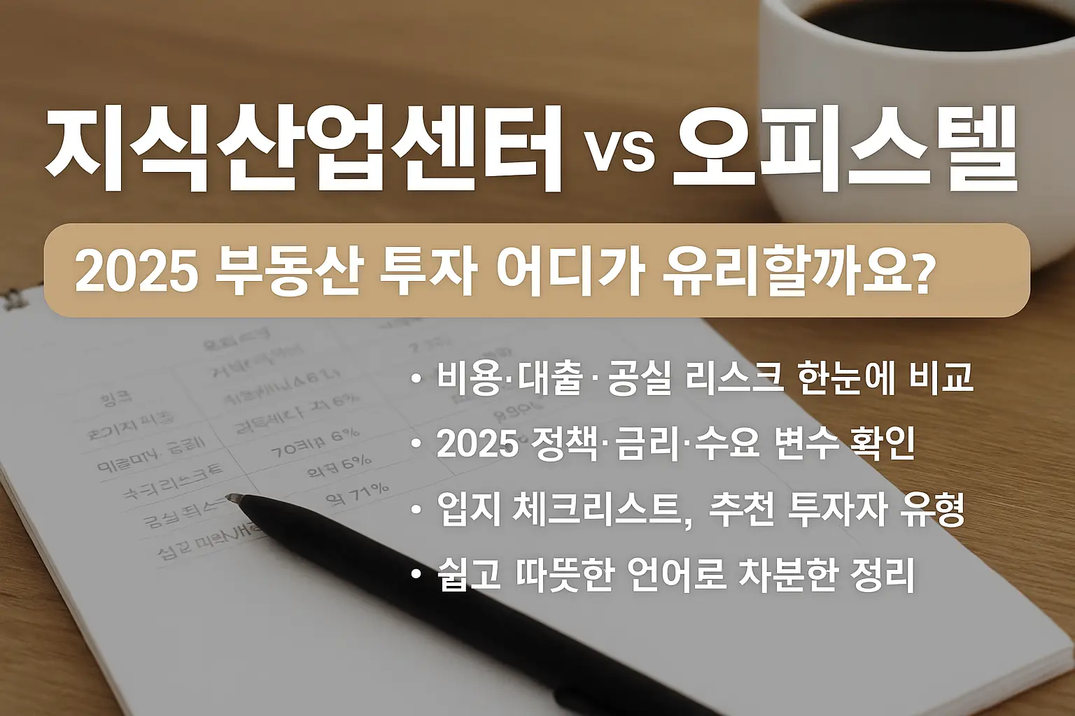 지식산업센터와 오피스텔 투자 비교를 주제로 한 2025 부동산 투자 배너 이미지, 따뜻한 톤의 책상 위에 펜과 커피잔이 놓인 모습