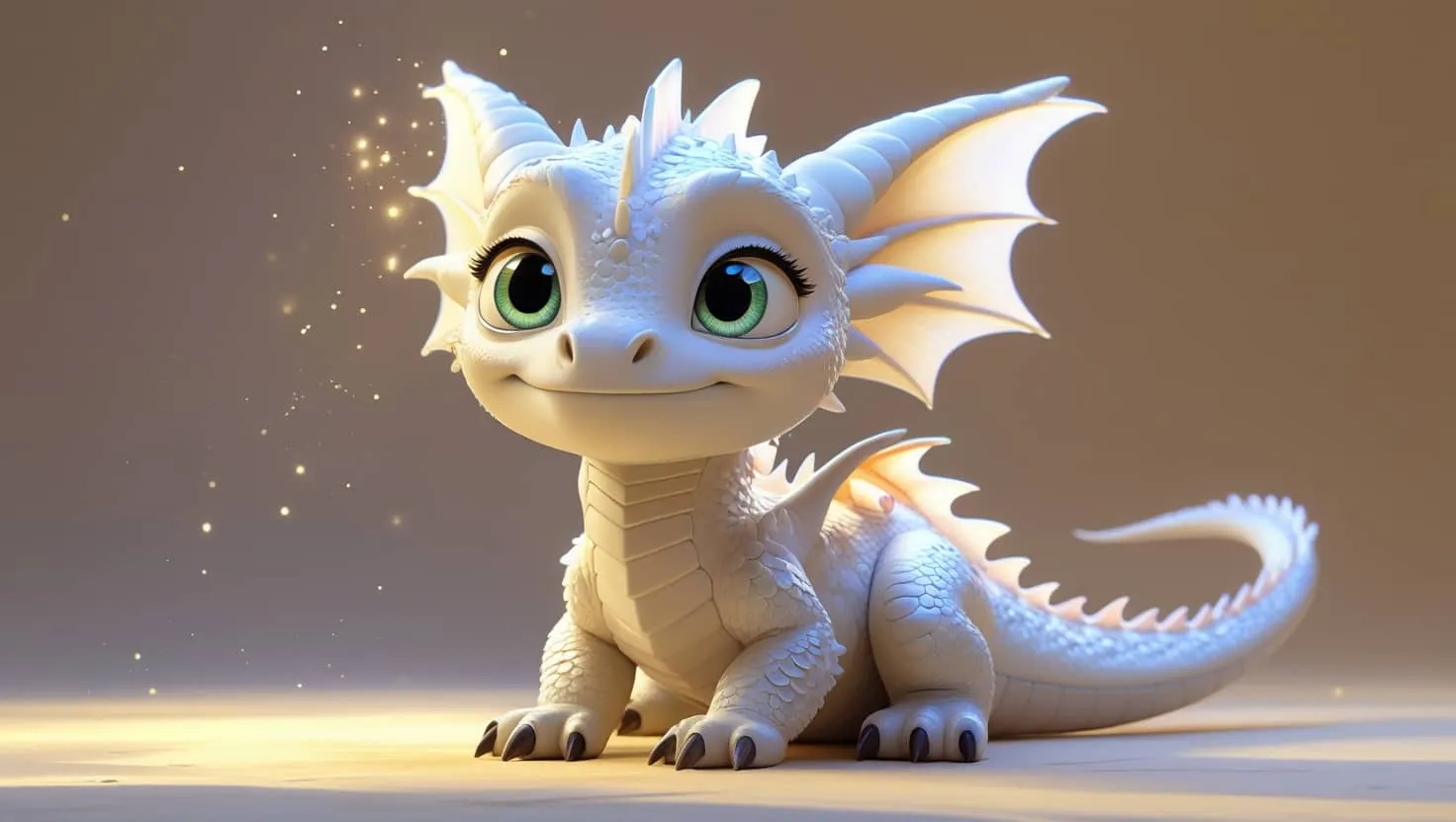 픽사풍 스타일의 아기 화이트 드래곤이 따뜻한 조명 아래에서 천진난만한 눈빛으로 웃고 있는 장면. 이 이미지는 부드럽고 환상적인 3D 캐릭터 디자인과 따뜻한 감성의 애니메이션 분위기를 시각적으로 전달하며, 블로그의 픽사풍 AI 캐릭터 제작 관련 내용을 설명함 (Pixar-style baby white dragon, 3D animation character, fantasy creature)