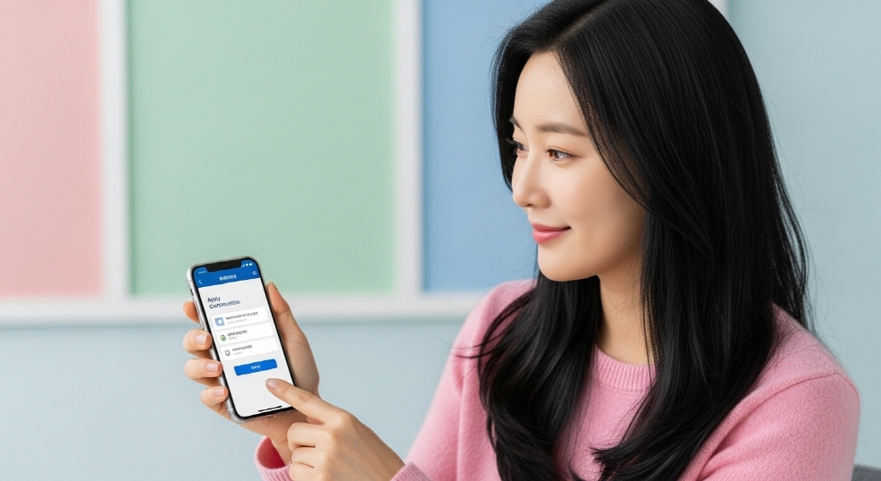 스마트폰으로 정부 앱을 열어보는 한국인 여성