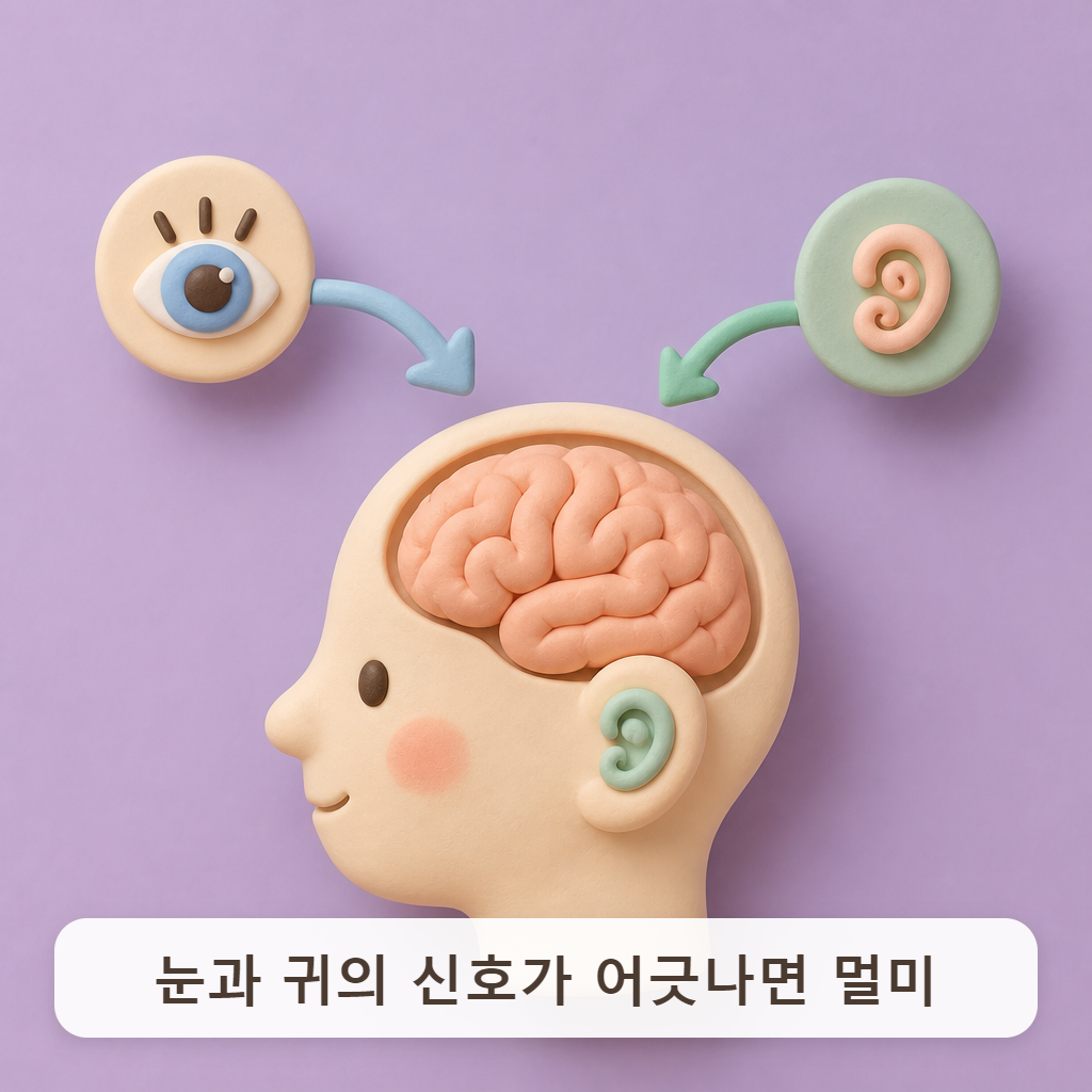 눈과 귀의 신호가 엇갈리는 모습을 그린 단순한 그림