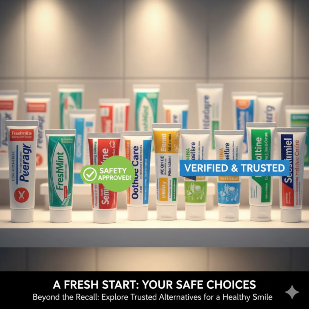 여러 종류의 치약들이 나란히 놓여 있고, 그중 안전성이 확인된 제품들 위에 '안전!', '검증됨'과 같은 라벨이 붙어 있는 모습을 보여줍니다. 밝고 긍정적인 색상을 사용하여 희망적인 메시지를 전달합니다.