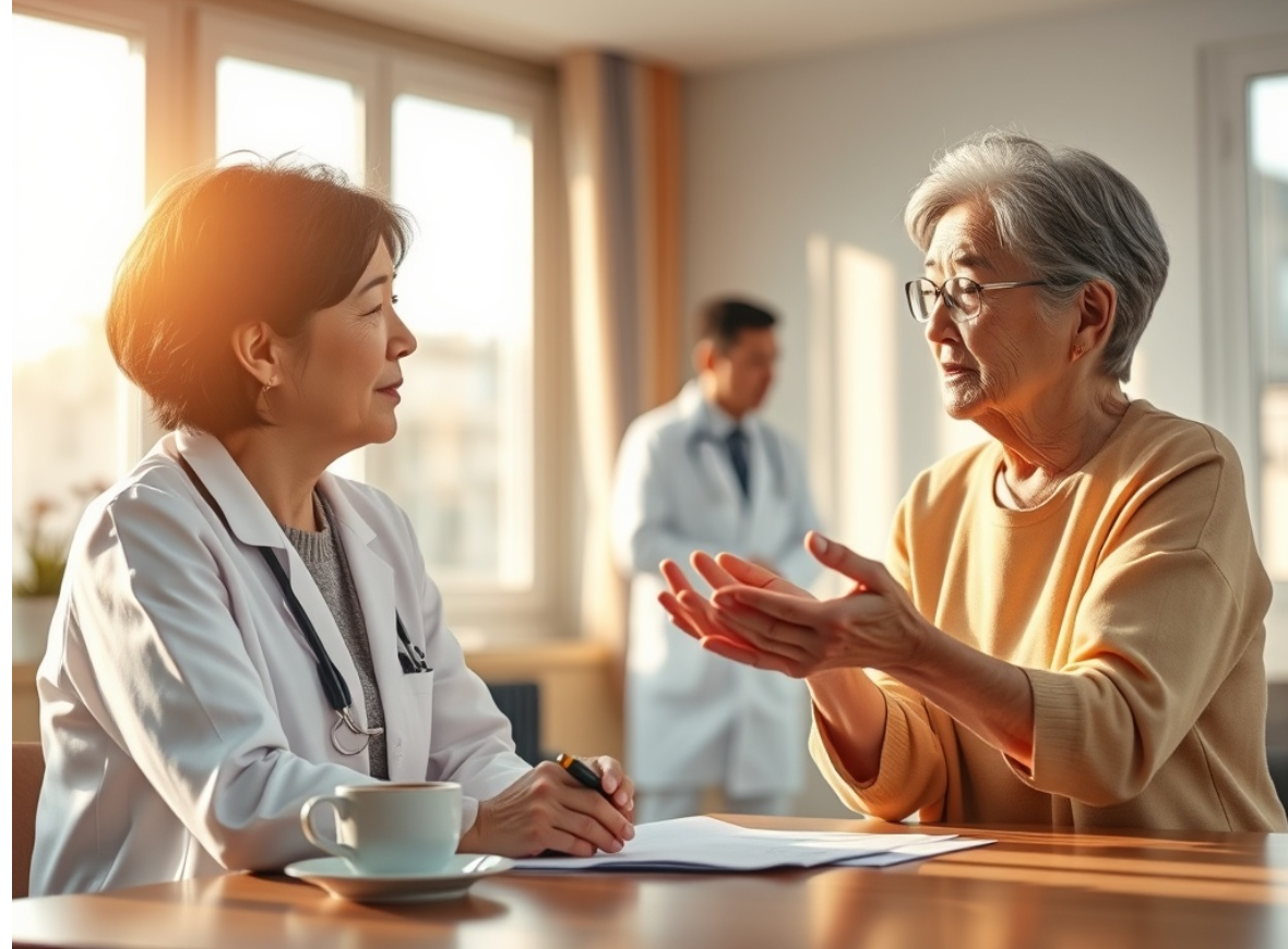 다계통 위축증의 원인에 대해 설명을 듣고 있는 환자