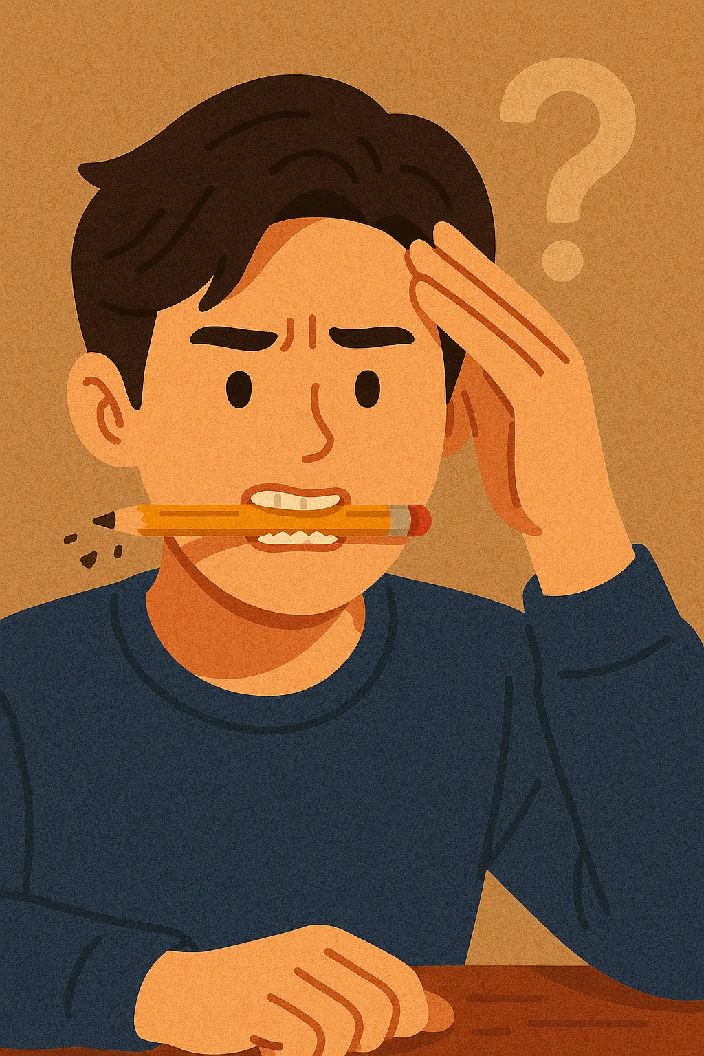 무의식-중에-연필을-깨무는-행동을-묘사한-일러스트로-고민에-빠진-표정과-깨진-연필-그리고-물음표가-강조된-구성