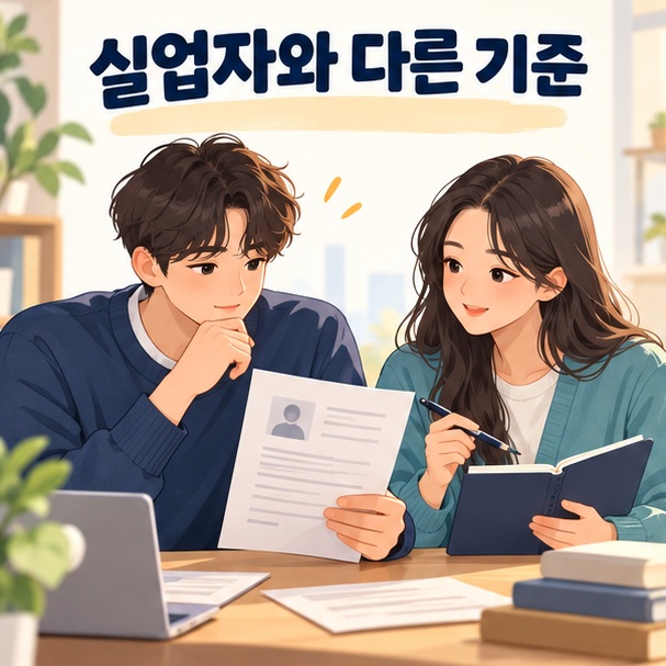 청년 두 명이 이력서와 노트를 검토하며 실업자와 니트족의 기준을 비교하는 모습