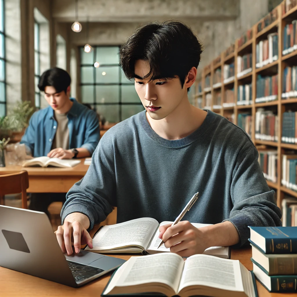 도서관에서 노트북과 책을 사용해 메모하며 공부하는 젊은 남성
