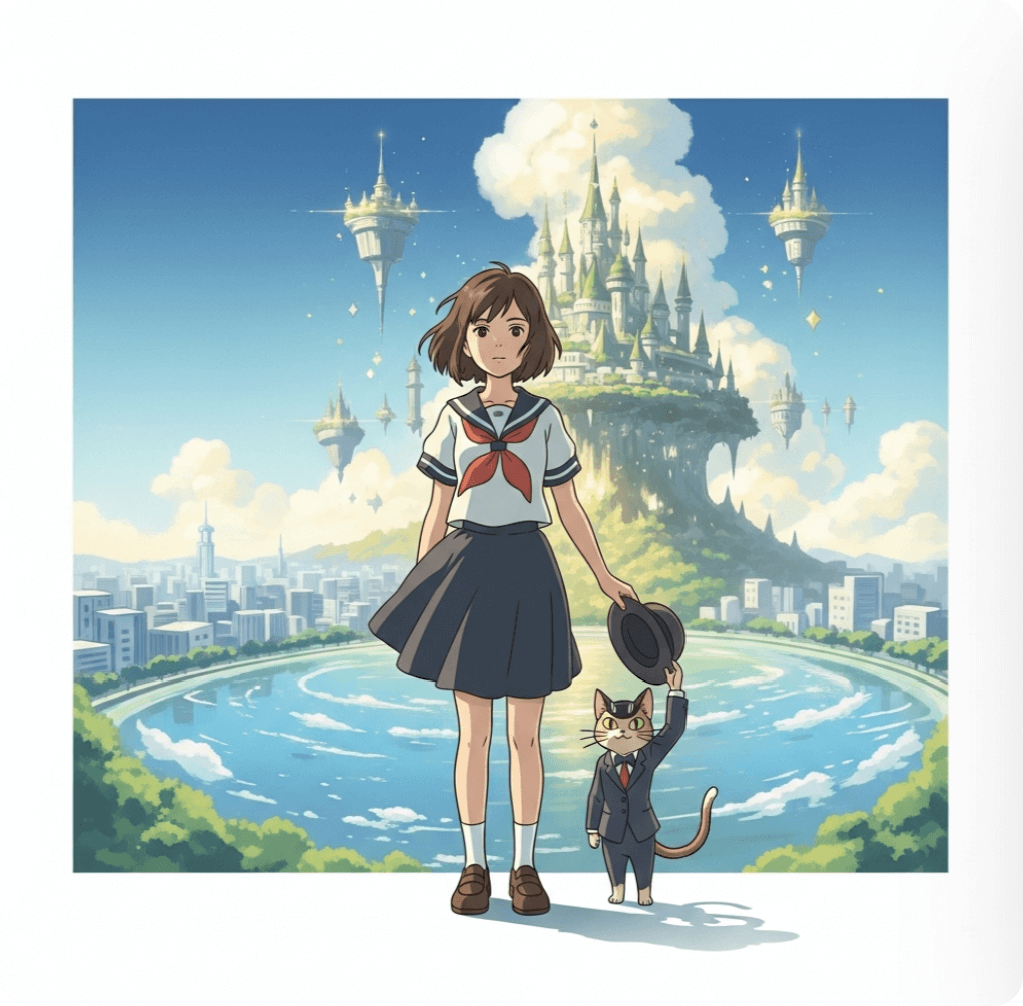 alt="&ldquo;고양이의 보은&rdquo;의 하루가 고양이 남작 바론과 함께 현실과 환상의 경계에 서 있는 장면을 그린 일러스트. 한쪽은 도시, 다른 한쪽은 고양이 왕국으로 대비되며, 하루가 성장과 자아 발견의 여정을 상징적으로 표현함."